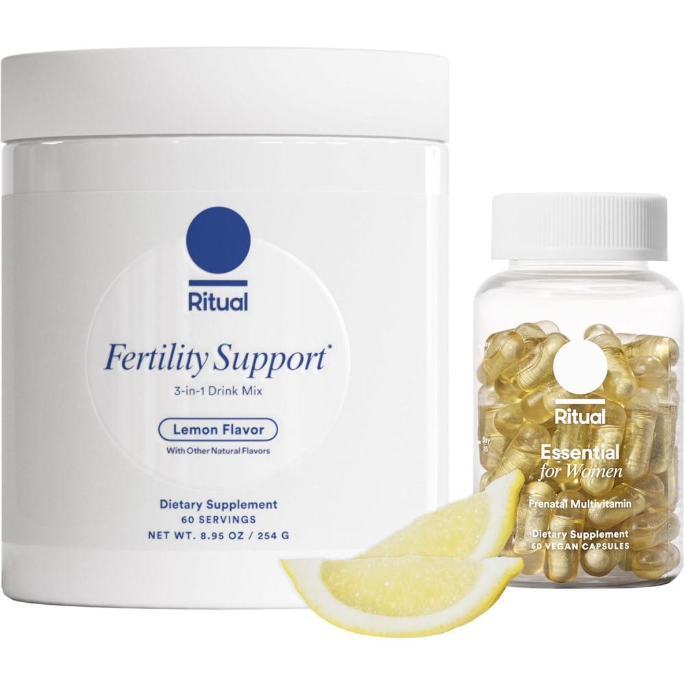 imageRitual Preconception Bundle Essential for Women Prenatal Multivitamin and Lemony Fertility Support Drink Mix Supplement with NAC CoQ10 and MyoInositol Vegan and Formulated to Support Her